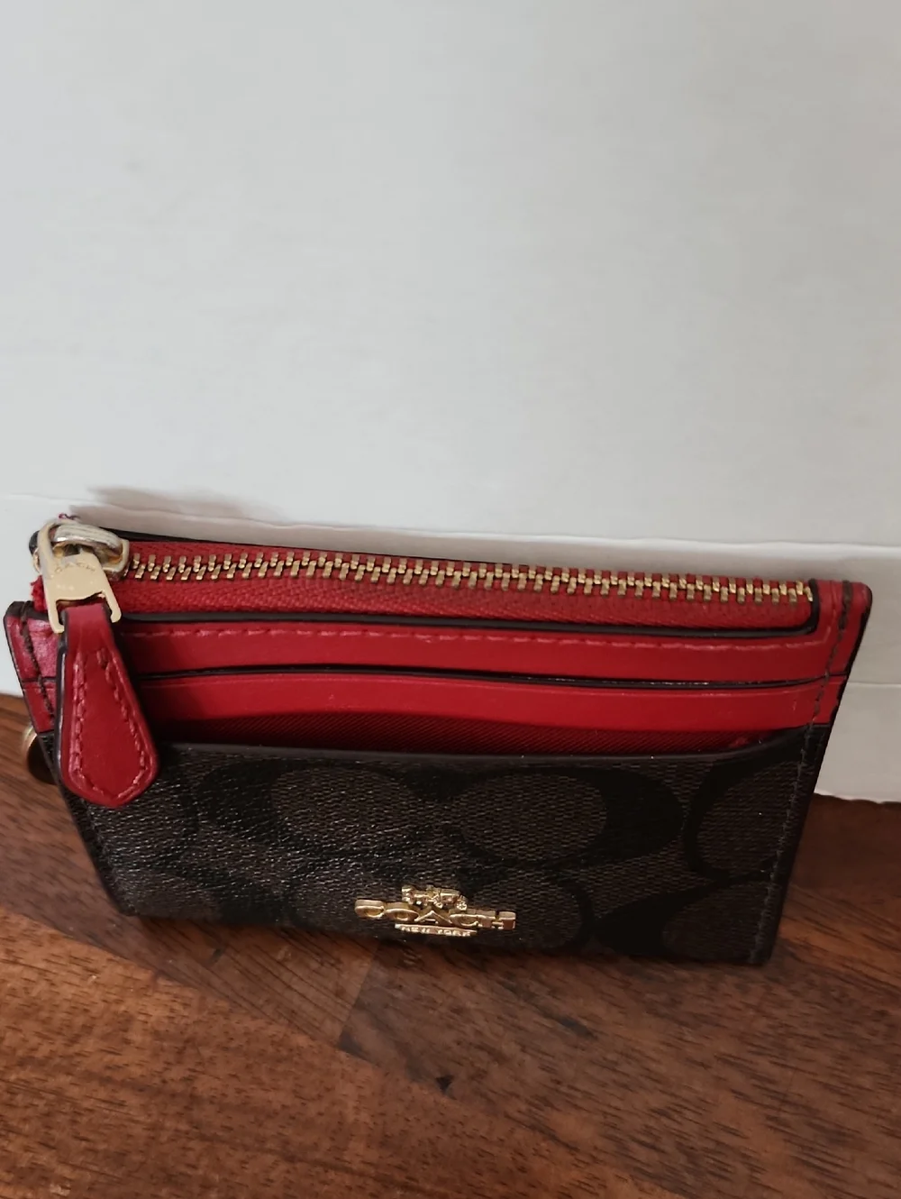 COACH Signature Canvas Card Case Wallet in Brown and Red - Picture 3 of 8